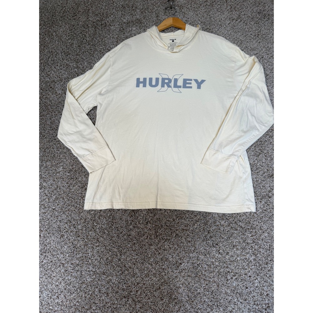 Hurley Mens XL Hooded Long Sleeve T-Shirt Cream Off White Logo Graphic Cotton